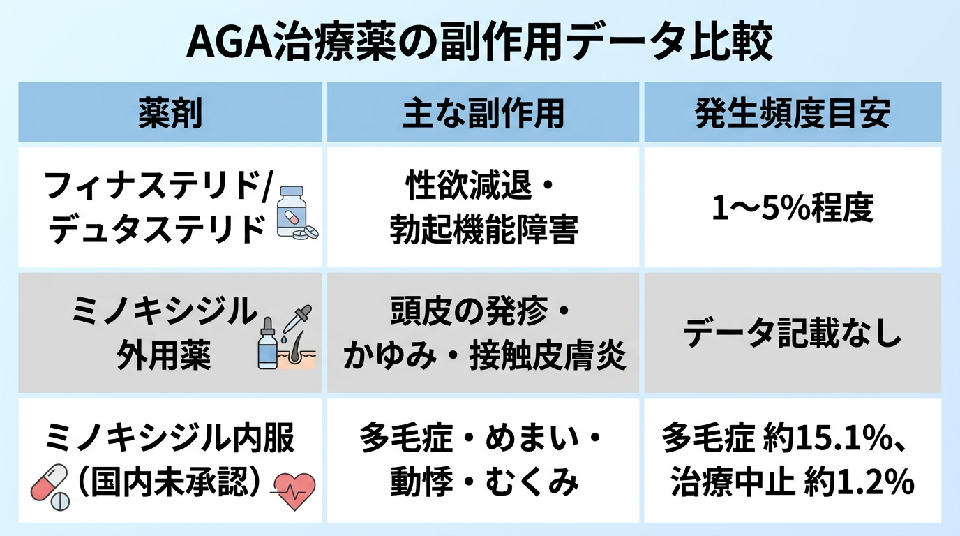タイトル: AGA治療薬の副作用データ比較。3列の表: ヘッダー行: 薬剤 | 主な副作用 | 発生頻度目安。行1: フィナステリド/デュタステリド | 性欲減退・勃起機能障害 | 1〜5%程度。行2: ミノキシジル外用薬 | 頭皮の発疹・かゆみ・接触皮膚炎 | データ記載なし。行3: ミノキシジル内服(国内未承認) | 多毛症・めまい・動悸・むくみ | 多毛症 約15.1%、治療中止 約1.2%。