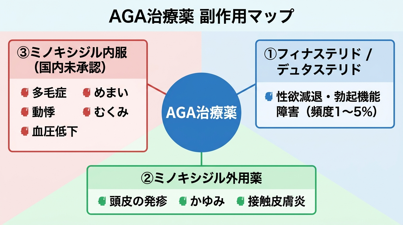 AGA治療薬の副作用マップ。中央に『AGA治療薬』、3方向に分岐: ①フィナステリド/デュタステリド → 性欲減退・勃起機能障害(頻度1〜5%)。②ミノキシジル外用薬 → 頭皮の発疹・かゆみ・接触皮膚炎。③ミノキシジル内服(国内未承認) → 多毛症・めまい・動悸・むくみ・血圧低下。