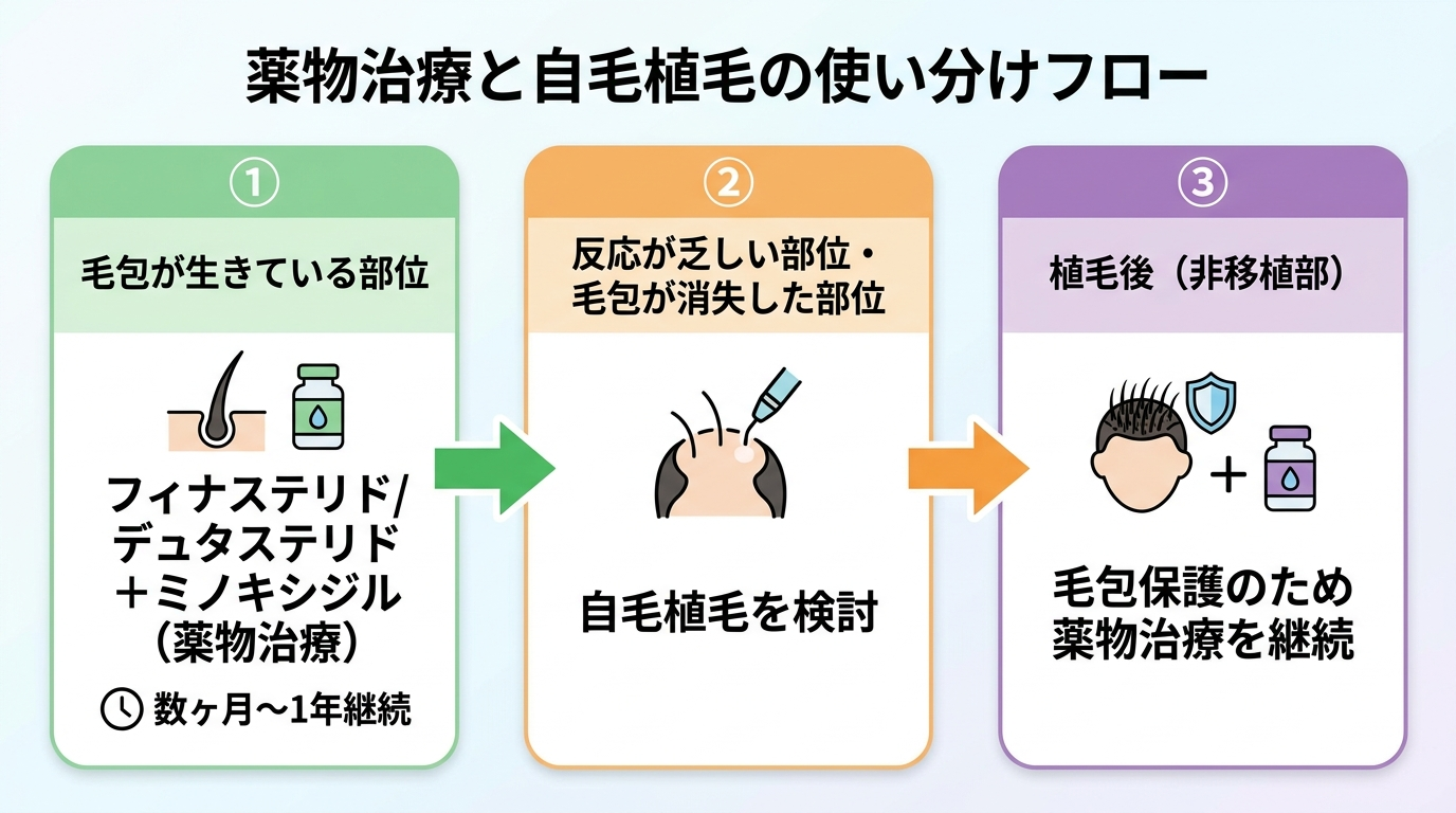 薬物治療と自毛植毛の使い分けフロー図。3ステップ: ①毛包が生きている部位はフィナステリド/デュタステリド+ミノキシジルの薬物治療を数ヶ月〜1年継続。②反応が乏しい部位・毛包が消失した部位は自毛植毛を検討。③植毛後も非移植部の毛包を守るため薬物治療を継続。