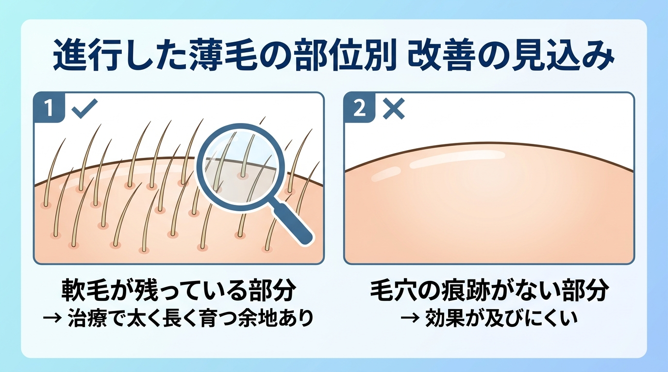 タイトル: 進行した薄毛の部位別 改善の見込み。対比イラスト2枚: イラスト1(軟毛が生えている頭皮) ラベル: 軟毛が残っている部分→治療で太く長く育つ余地あり。イラスト2(なめらかで毛穴が見えない頭皮) ラベル: 毛穴の痕跡がない部分→効果が及びにくい