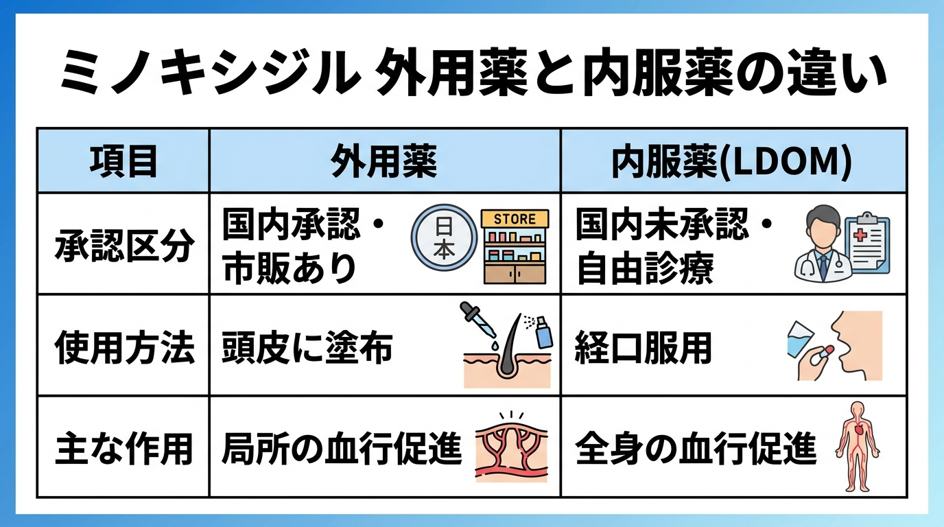 タイトル: ミノキシジル 外用薬と内服薬の違い。2列比較の表: 項目 | 外用薬 | 内服薬(LDOM)。行1: 承認区分 | 国内承認・市販あり | 国内未承認・自由診療。行2: 使用方法 | 頭皮に塗布 | 経口服用。行3: 主な作用 | 局所の血行促進 | 全身の血行促進