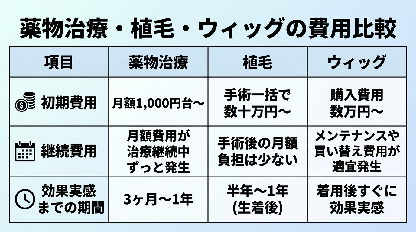 タイトル: 薬物治療・植毛・ウィッグの費用比較。3列の表: 項目 | 薬物治療 | 植毛。行1: 初期費用 | 月額1,000円台〜 | 手術一括で数十万円〜。行2: 継続費用 | 月額費用が治療継続中ずっと発生 | 手術後の月額負担は少ない。行3: 効果実感までの期間 | 3ヶ月〜1年 | 半年〜1年(生着後)