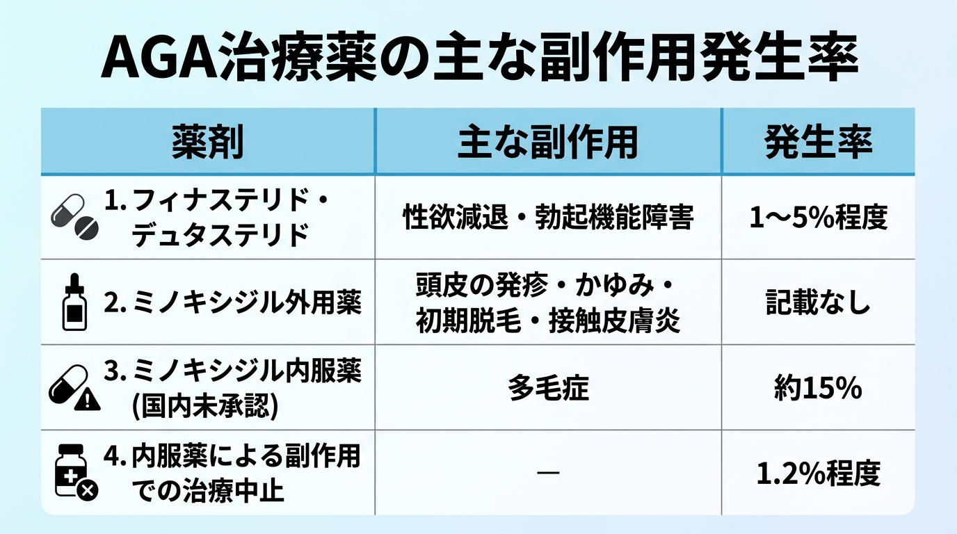 タイトル: AGA治療薬の主な副作用発生率。表形式: 薬剤 | 主な副作用 | 発生率。行1: フィナステリド・デュタステリド | 性欲減退・勃起機能障害 | 1〜5%程度。行2: ミノキシジル外用薬 | 頭皮の発疹・かゆみ・初期脱毛・接触皮膚炎 | 記載なし。行3: ミノキシジル内服薬(国内未承認) | 多毛症 | 約15%。行4: 内服薬による副作用での治療中止 | - | 1.2%程度