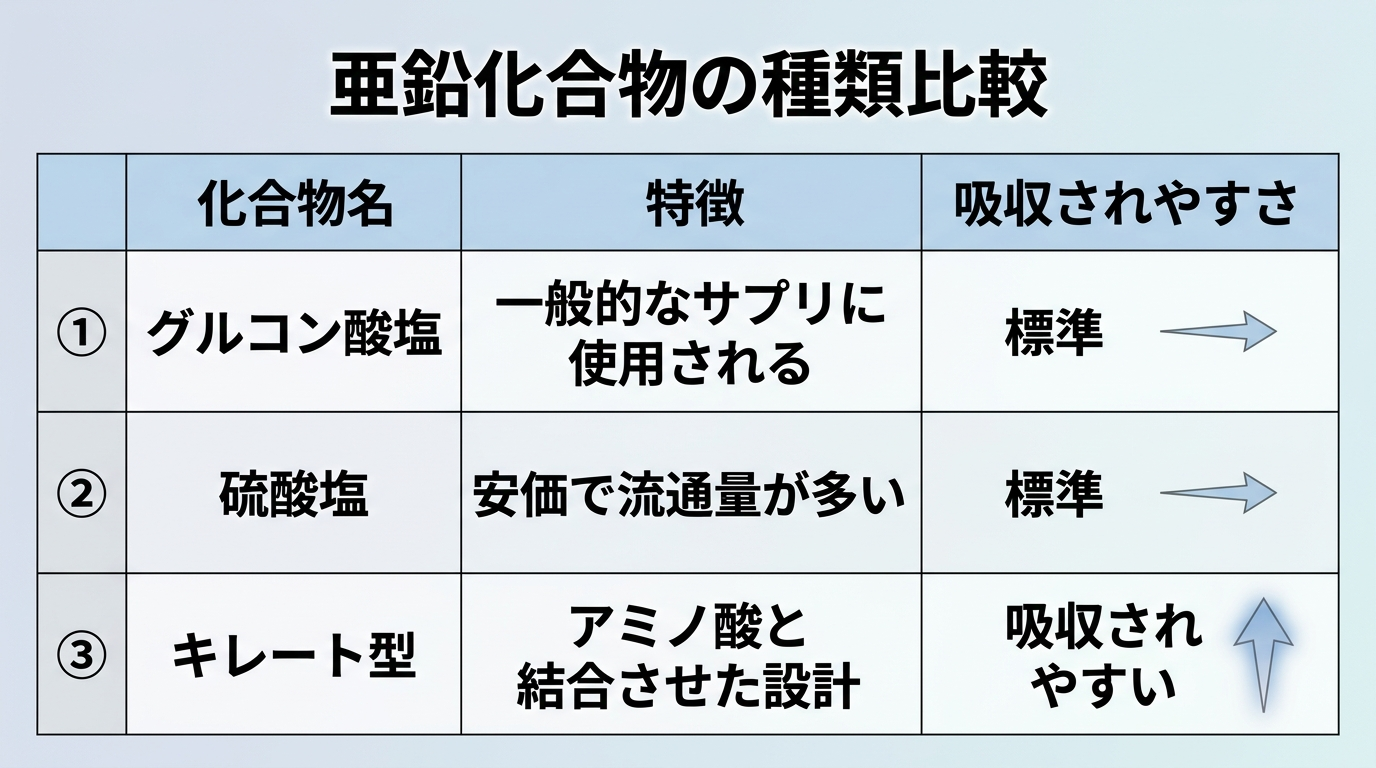 タイトル: 亜鉛化合物の種類比較。3列表: ヘッダー行: 化合物名 | 特徴 | 吸収されやすさ。行1: グルコン酸塩 | 一般的なサプリに使用される | 標準。行2: 硫酸塩 | 安価で流通量が多い | 標準。行3: キレート型 | アミノ酸と結合させた設計 | 吸収されやすい