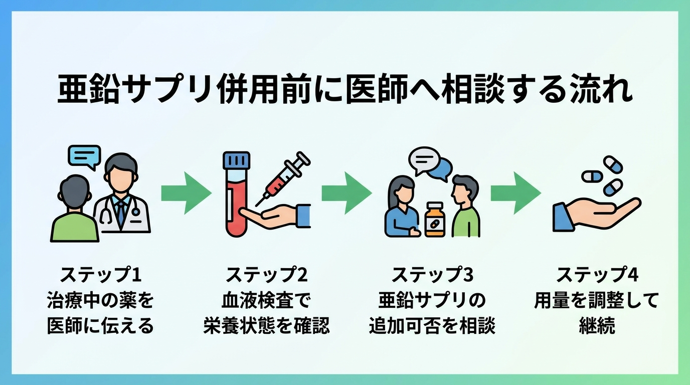 タイトル: 亜鉛サプリ併用前に医師へ相談する流れ。4ステップの矢印フロー図: ステップ1 治療中の薬を医師に伝える → ステップ2 血液検査で栄養状態を確認 → ステップ3 亜鉛サプリの追加可否を相談 → ステップ4 用量を調整して継続