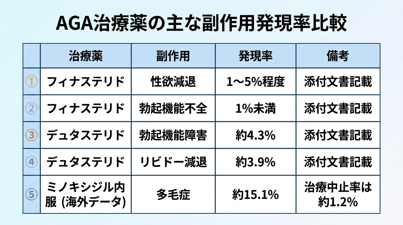 タイトル: AGA治療薬の主な副作用発現率比較。4列表: ヘッダー行: 治療薬 | 副作用 | 発現率 | 備考。行1: フィナステリド | 性欲減退 | 1〜5%程度 | 添付文書記載。行2: フィナステリド | 勃起機能不全 | 1%未満 | 添付文書記載。行3: デュタステリド | 勃起機能障害 | 約4.3% | 添付文書記載。行4: デュタステリド | リビドー減退 | 約3.9% | 添付文書記載。行5: ミノキシジル内服(海外データ) | 多毛症 | 約15.1% | 治療中止率は約1.2%