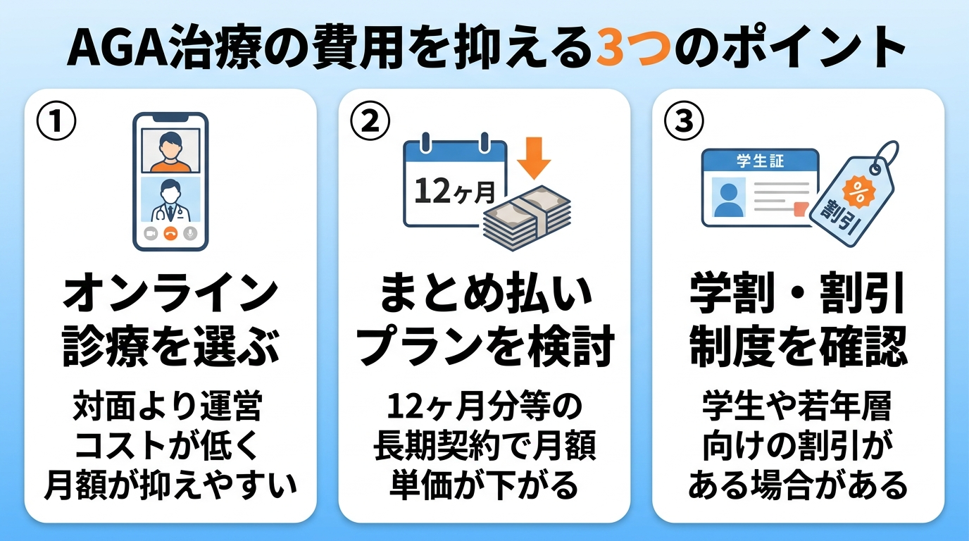 タイトル: AGA治療の費用を抑える3つのポイント。カード3枚: カード1「オンライン診療を選ぶ」対面より運営コストが低く月額が抑えやすい。カード2「まとめ払いプランを検討」12ヶ月分等の長期契約で月額単価が下がる。カード3「学割・割引制度を確認」学生や若年層向けの割引がある場合がある。