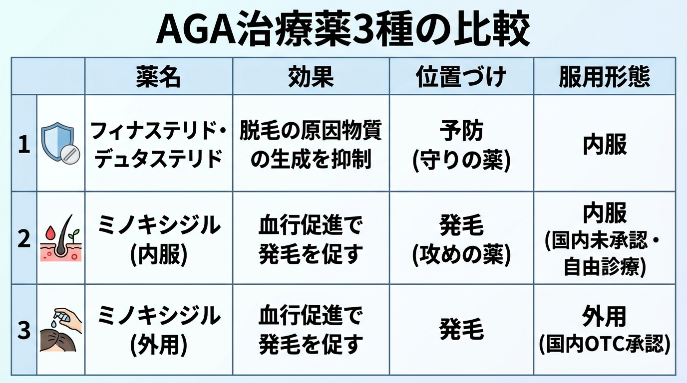 タイトル: AGA治療薬3種の比較。4列の表: ヘッダー行: 薬名 | 効果 | 位置づけ | 服用形態。行1: フィナステリド・デュタステリド | 脱毛の原因物質の生成を抑制 | 予防(守りの薬) | 内服。行2: ミノキシジル(内服) | 血行促進で発毛を促す | 発毛(攻めの薬) | 内服(国内未承認・自由診療)。行3: ミノキシジル(外用) | 血行促進で発毛を促す | 発毛 | 外用(国内OTC承認)。