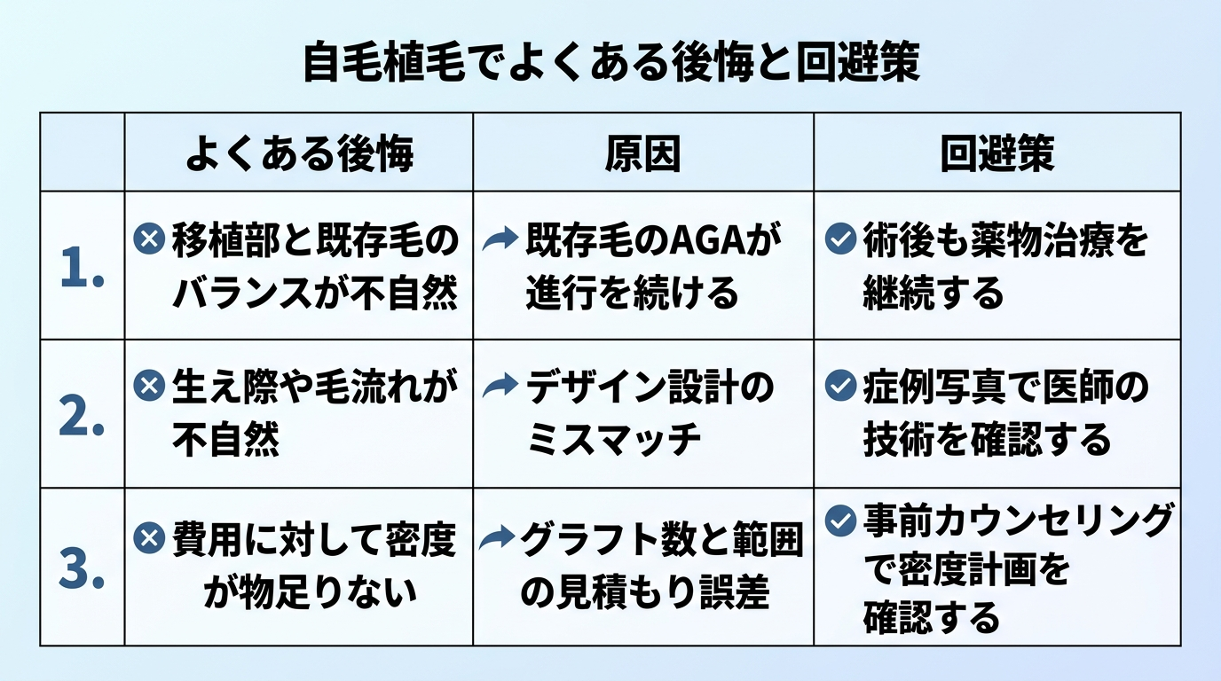 タイトル: 自毛植毛でよくある後悔と回避策。3列表: ヘッダー: よくある後悔 | 原因 | 回避策。行1: 移植部と既存毛のバランスが不自然 | 既存毛のAGAが進行を続ける | 術後も薬物治療を継続する。行2: 生え際や毛流れが不自然 | デザイン設計のミスマッチ | 症例写真で医師の技術を確認する。行3: 費用に対して密度が物足りない | グラフト数と範囲の見積もり誤差 | 事前カウンセリングで密度計画を確認する。