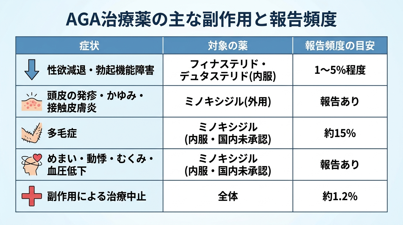 タイトル: AGA治療薬の主な副作用と報告頻度。表形式。ヘッダー行: 症状 | 対象の薬 | 報告頻度の目安。行1: 性欲減退・勃起機能障害 | フィナステリド・デュタステリド(内服) | 1〜5%程度。行2: 頭皮の発疹・かゆみ・接触皮膚炎 | ミノキシジル(外用) | 報告あり。行3: 多毛症 | ミノキシジル(内服・国内未承認) | 約15%。行4: めまい・動悸・むくみ・血圧低下 | ミノキシジル(内服・国内未承認) | 報告あり。行5: 副作用による治療中止 | 全体 | 約1.2%。