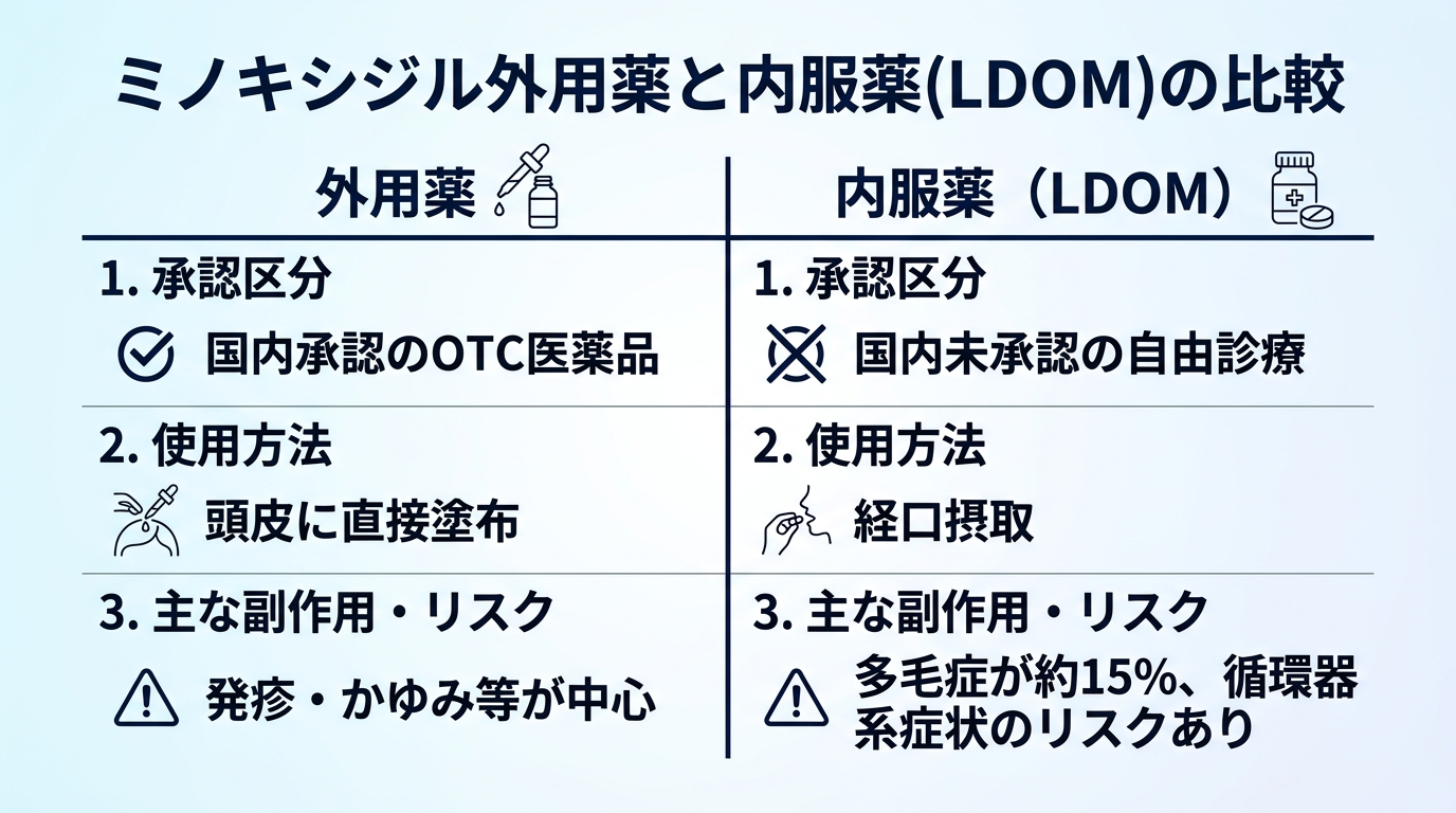 ミノキシジル外用薬と内服薬(LDOM)の違いを示す比較図。外用: 国内承認のOTC医薬品、頭皮に直接塗布、副作用は発疹・かゆみ等が中心。内服(LDOM): 国内未承認の自由診療、多毛症が約15%、循環器系症状のリスクあり。