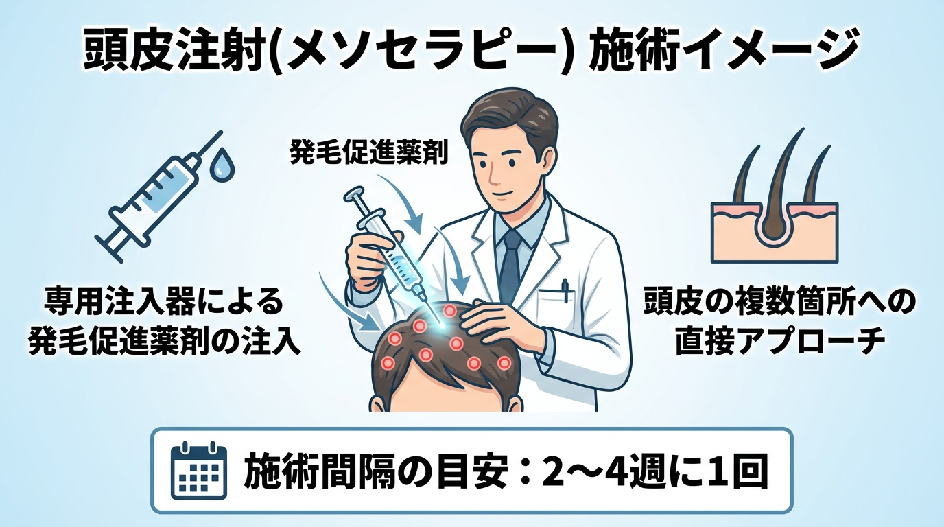 頭皮注射(メソセラピー)の施術イメージ図。医師が専用の注入器で発毛促進薬剤を頭皮の複数箇所に注射する様子を描き、施術間隔の目安(2〜4週に1回)を注記として添える。