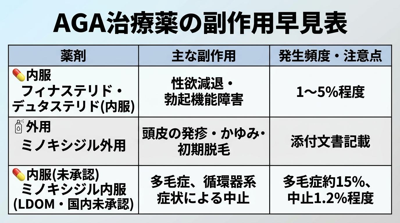AGA治療薬の主な副作用と発生頻度をまとめた表形式インフォグラフィック。タイトル: AGA治療薬の副作用早見表。3列の表: 薬剤 | 主な副作用 | 発生頻度・注意点。行1: フィナステリド・デュタステリド(内服) | 性欲減退・勃起機能障害 | 1〜5%程度。行2: ミノキシジル外用 | 頭皮の発疹・かゆみ・初期脱毛 | 添付文書記載。行3: ミノキシジル内服(LDOM・国内未承認) | 多毛症、循環器系症状による中止 | 多毛症約15%、中止1.2%程度。