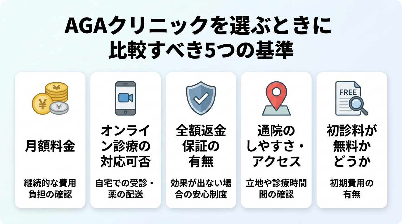 タイトル: AGAクリニックを選ぶときに比較すべき5つの基準。5つのアイコンカードで: カード1(硬貨アイコン)月額料金、カード2(スマホアイコン)オンライン診療の対応可否、カード3(盾アイコン)全額返金保証の有無、カード4(地図ピンアイコン)通院のしやすさ・アクセス、カード5(書類アイコン)初診料が無料かどうか