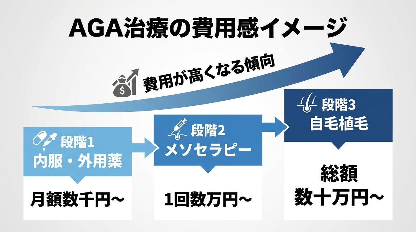タイトル: AGA治療の費用感イメージ。内服・外用薬→メソセラピー→自毛植毛の順に費用が高くなる傾向を示す3段階の図: 段階1 内服・外用薬(月額数千円〜)、段階2 メソセラピー(1回数万円〜)、段階3 自毛植毛(総額数十万円〜)