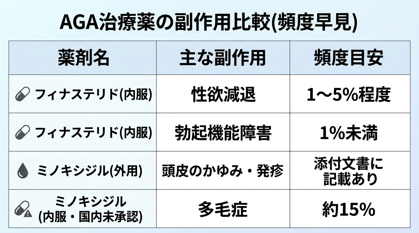 タイトル: AGA治療薬の副作用比較(頻度早見)。4行の表: 薬剤名 | 主な副作用 | 頻度目安。行1: フィナステリド(内服) | 性欲減退 | 1〜5%程度。行2: フィナステリド(内服) | 勃起機能障害 | 1%未満。行3: ミノキシジル(外用) | 頭皮のかゆみ・発疹 | 添付文書に記載あり。行4: ミノキシジル(内服・国内未承認) | 多毛症 | 約15%