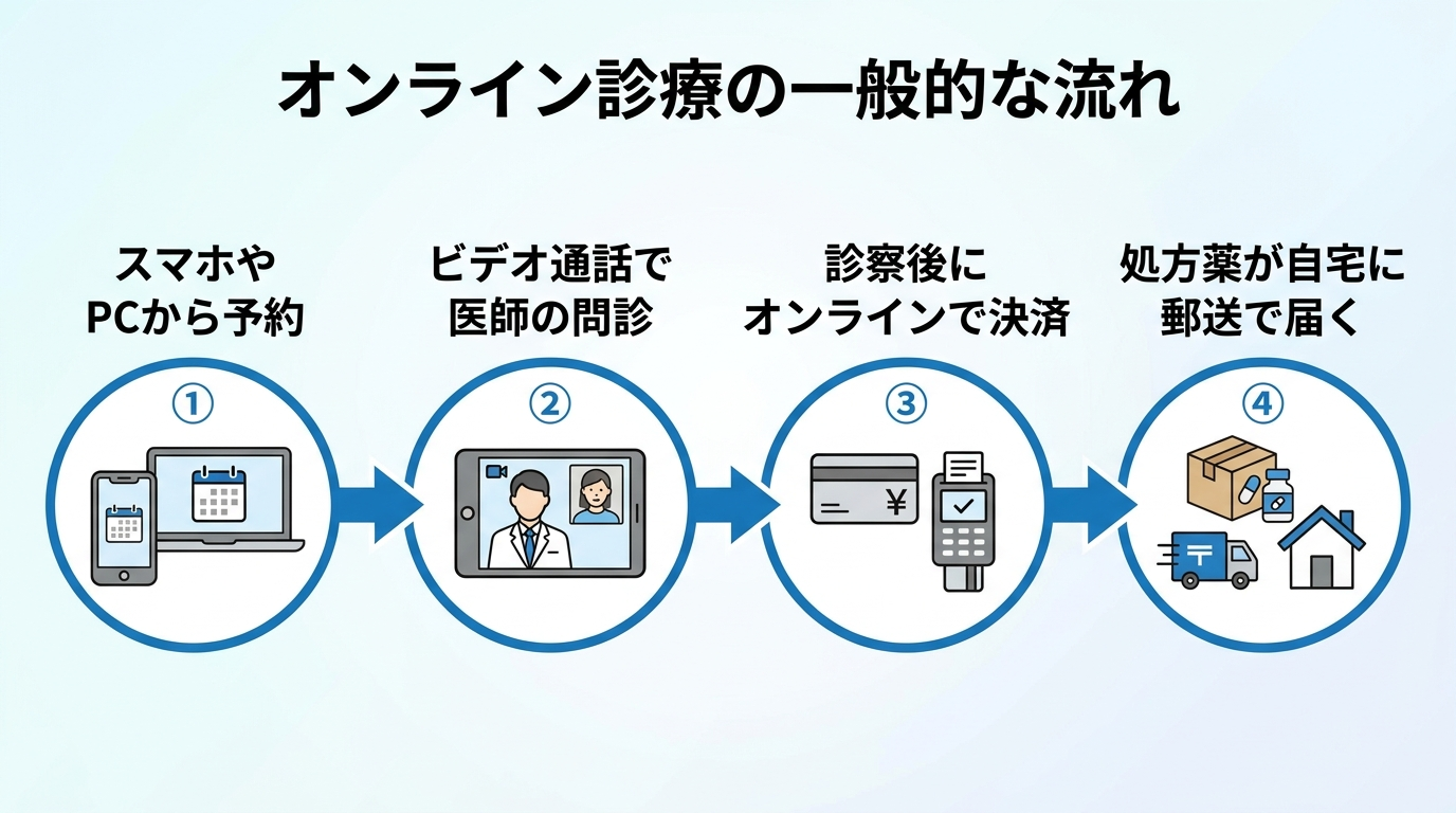 オンライン診療の一般的な流れを示すフローチャート。4ステップを矢印でつなぐイラスト: ①スマホやPCから予約 → ②ビデオ通話で医師の問診 → ③診察後にオンラインで決済 → ④処方薬が自宅に郵送で届く。各ステップに簡単なアイコン(スマホ、ビデオカメラ、クレジットカード、宅配便)を添える。