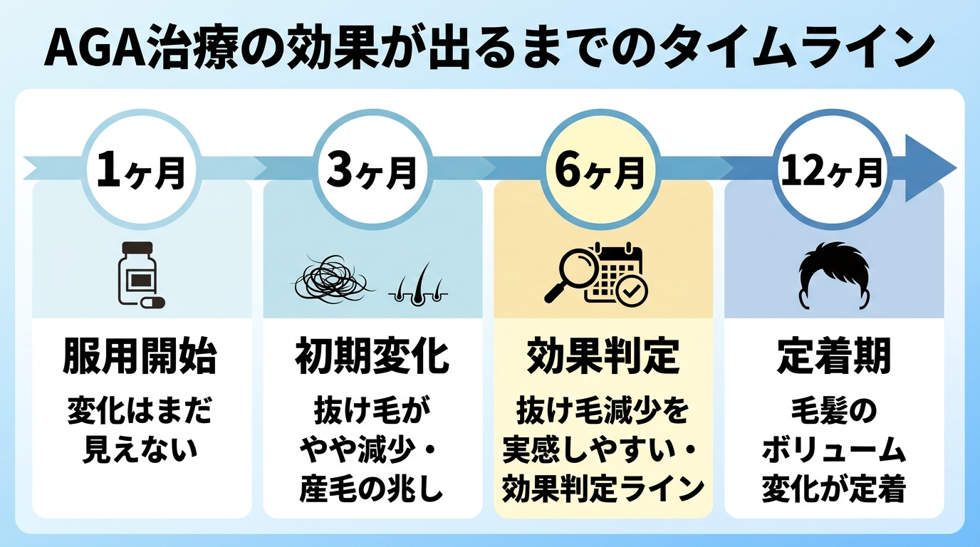 タイトル: AGA治療の効果が出るまでのタイムライン。横軸に1ヶ月・3ヶ月・6ヶ月・12ヶ月の4段階を並べたインフォグラフィック。1ヶ月目: 服用開始・変化はまだ見えない。3ヶ月目: 抜け毛がやや減少・産毛の兆し。6ヶ月目: 抜け毛減少を実感しやすい・効果判定ライン。12ヶ月目: 毛髪のボリューム変化が定着。
