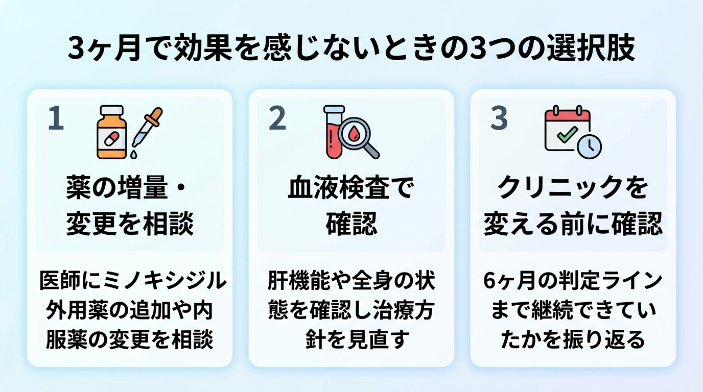 タイトル: 3ヶ月で効果を感じないときの3つの選択肢。3枚のカードを横並びで表示。カード1見出し: 薬の増量・変更を相談、説明: 医師にミノキシジル外用薬の追加や内服薬の変更を相談。カード2見出し: 血液検査で確認、説明: 肝機能や全身の状態を確認し治療方針を見直す。カード3見出し: クリニックを変える前に確認、説明: 6ヶ月の判定ラインまで継続できていたかを振り返る。