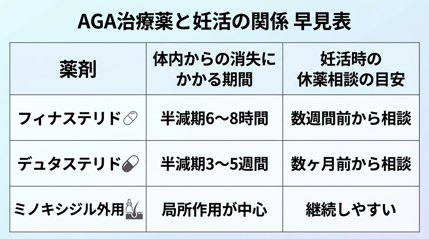 タイトル: AGA治療薬と妊活の関係 早見表。3列の表: ヘッダー行: 薬剤 | 体内からの消失にかかる期間 | 妊活時の休薬相談の目安。行1: フィナステリド | 半減期6〜8時間 | 数週間前から相談。行2: デュタステリド | 半減期3〜5週間 | 数ヶ月前から相談。行3: ミノキシジル外用 | 局所作用が中心 | 継続しやすい。