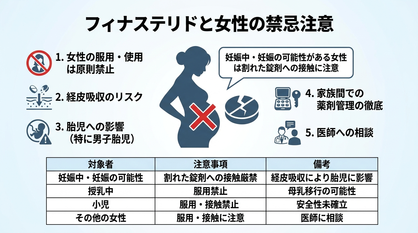 タイトル: フィナステリドと女性の禁忌注意。イラスト: 妊娠中の女性のシルエットに×マークと割れた錠剤のアイコン、吹き出しテキスト『妊娠中・妊娠の可能性がある女性は割れた錠剤への接触に注意』を配置。