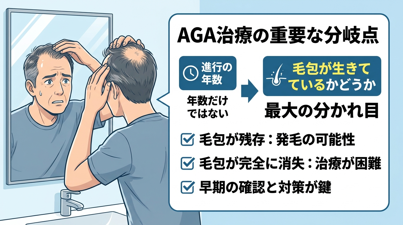 AGA進行に悩む男性が鏡の前で生え際を確認しているイラスト。左側に不安な表情で頭頂部を触る男性、右側に「進行の年数」ではなく「毛包が生きているかどうか」が分かれ目、という吹き出しテキストを配置した対比構図