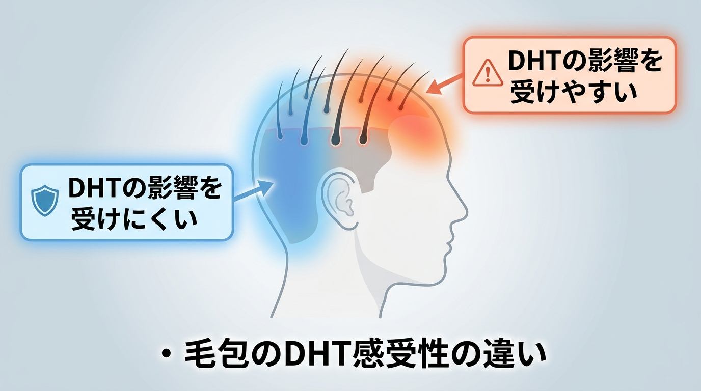 頭部図で毛包のDHT感受性の違いを示すイラスト。後頭部・側頭部にはハイライトで「DHTの影響を受けにくい」、前頭部・頭頂部にはハイライトで「DHTの影響を受けやすい」と表示した対比図