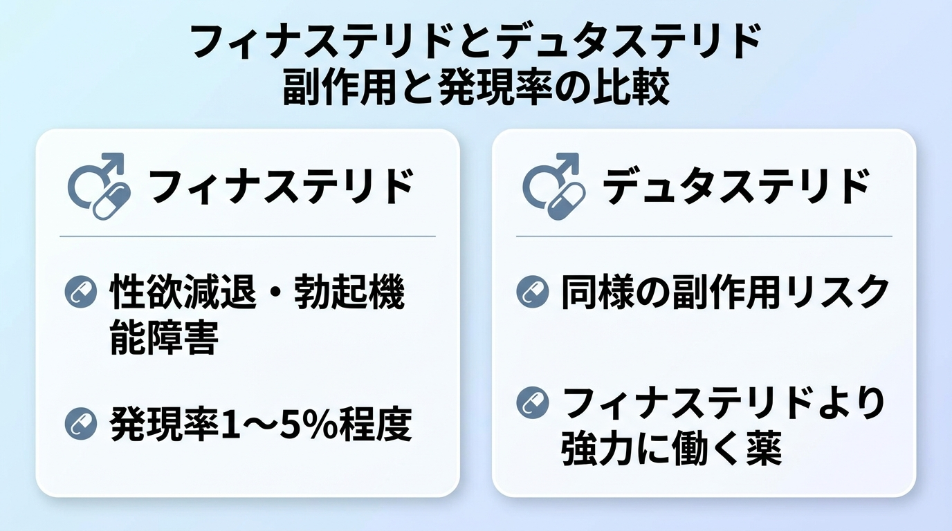 フィナステリドとデュタステリドの副作用と発現率を示す2カラム比較表。カード1: フィナステリド、性欲減退・勃起機能障害、発現率1〜5%程度。カード2: デュタステリド、同様の副作用リスク、フィナステリドより強力に働く薬