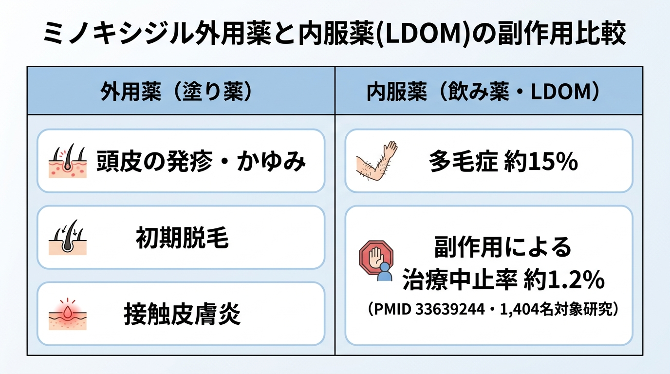 ミノキシジル外用薬とミノキシジル内服薬(LDOM)の副作用比較の2カラム表。カード1: 外用薬、頭皮の発疹・かゆみ・初期脱毛・接触皮膚炎。カード2: 内服薬(LDOM)、多毛症 約15%、副作用による治療中止率 約1.2%(PMID 33639244・1,404名対象研究)