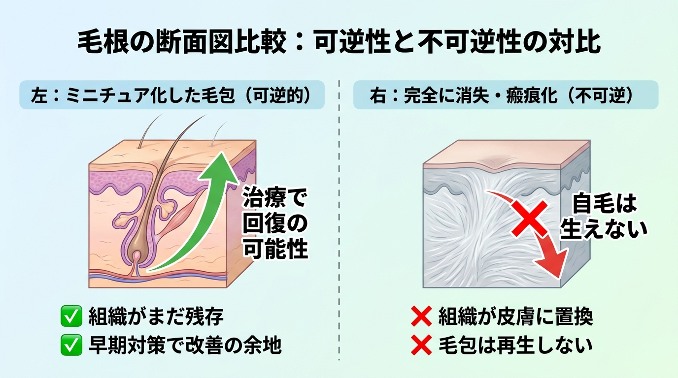 毛根の断面図イラスト。左: ミニチュア化した毛包(まだ組織が残り可逆的、矢印で「治療で回復の可能性」)、右: 完全に消失し瘢痕化した部位(組織が皮膚に置き換わり不可逆、矢印で「自毛は生えない」)を対比した断面図
