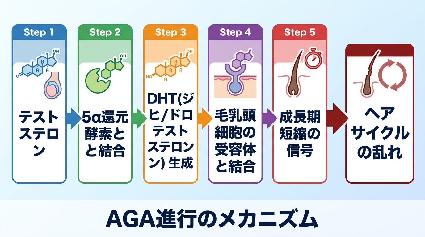 AGA進行のメカニズムを示すフローチャート。テストステロン→5α還元酵素と結合→DHT(ジヒドロテストステロン)生成→毛乳頭細胞の受容体と結合→成長期短縮の信号→ヘアサイクルの乱れ、という5段階の矢印フロー図