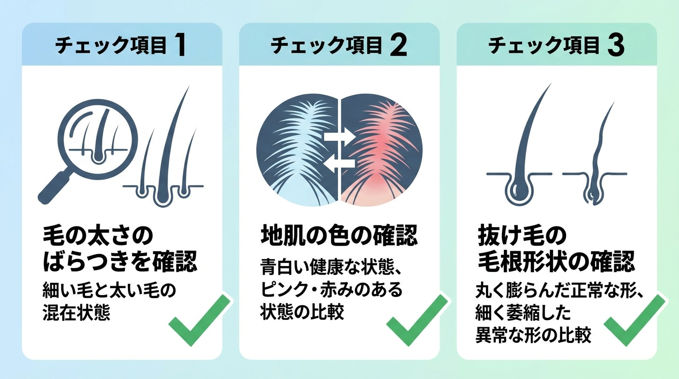 セルフチェックの3項目チェックリスト風イラスト。項目1: 毛の太さのばらつきを確認。項目2: 地肌の色(青白い⇔ピンク・赤み)を確認。項目3: 抜け毛の毛根部分の形状を確認、をチェックマーク付きで並べた図