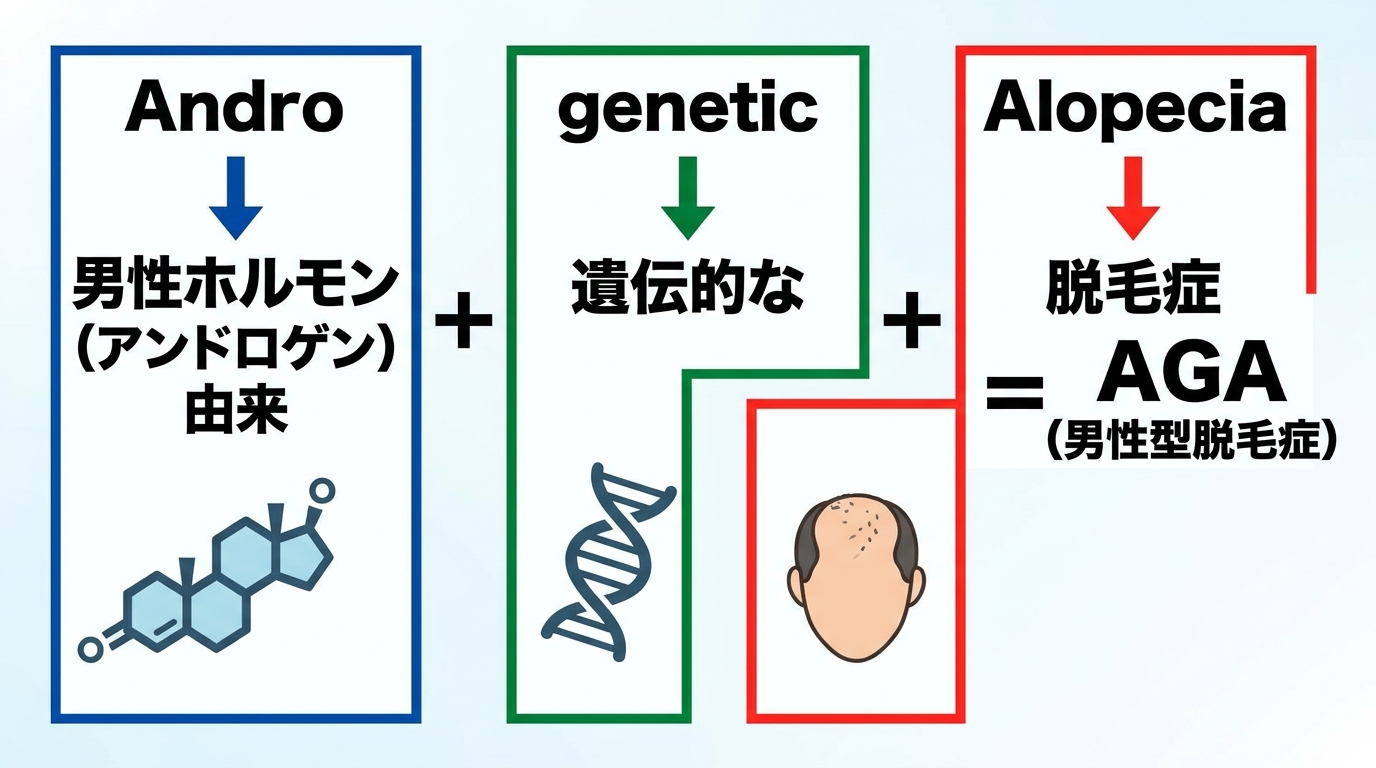 AGAという言葉を構成する3つの要素を分解した図。3つのパーツを横並びで表示: パーツ1「Andro」→意味「男性ホルモン(アンドロゲン)由来」、パーツ2「genetic」→意味「遺伝的な」、パーツ3「Alopecia」→意味「脱毛症」。3つを+記号でつなぎ、最後に「=AGA(男性型脱毛症)」と表示。