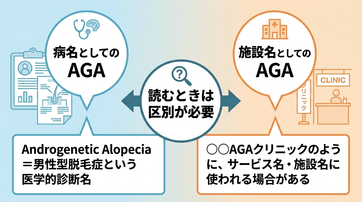 「AGA」という言葉の2つの使われ方を対比するイラスト。左側: 「病名としてのAGA」吹き出しに「Androgenetic Alopecia=男性型脱毛症という医学的診断名」。右側: 「施設名としてのAGA」吹き出しに「〇〇AGAクリニックのように、サービス名・施設名に使われる場合がある」。中央に「読むときは区別が必要」の注記。