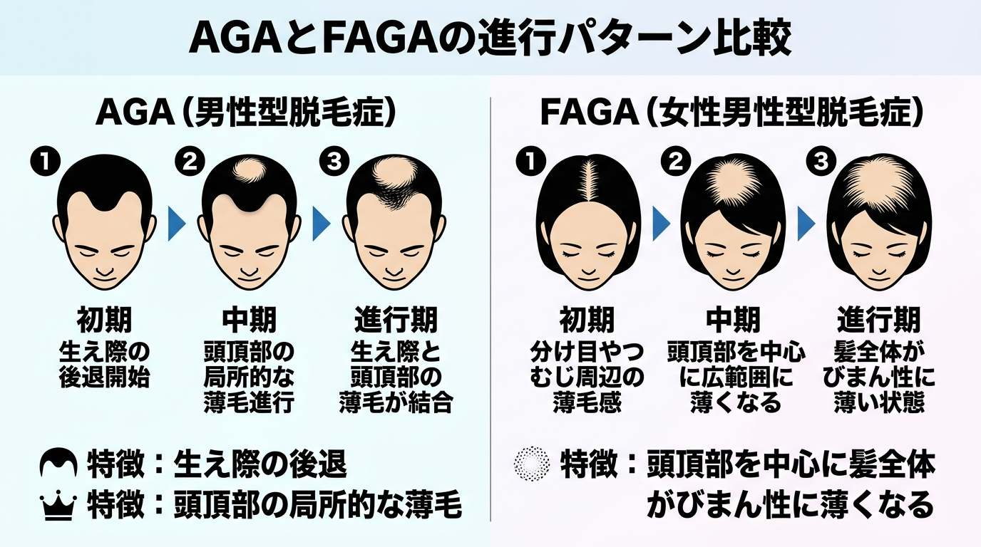 男性のAGAと女性のFAGAの進行パターンを比較する図。2列の頭部イラスト。列1見出し「AGA(男性型脱毛症)」特徴: 生え際の後退、頭頂部の局所的な薄毛。列2見出し「FAGA(女性男性型脱毛症)」特徴: 頭頂部を中心に髪全体がびまん性に薄くなる。