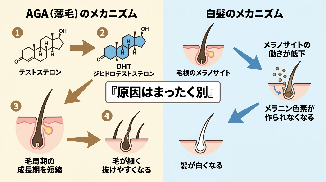 AGAと白髪のメカニズム比較イラスト。左側: AGA(薄毛) - 男性ホルモンがDHTに変化し毛周期の成長期を短縮、毛が細く抜けやすくなる過程を矢印で図示。右側: 白髪 - 毛根のメラノサイトの働きが低下しメラニン色素が作られなくなり髪が白くなる過程を矢印で図示。中央に『原因はまったく別』のテキスト
