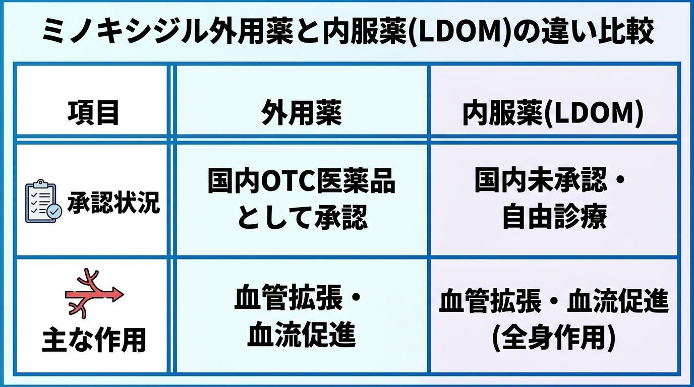 ミノキシジル外用薬と内服薬(LDOM)の違い比較表。2列の表: 項目 | 外用薬 | 内服薬(LDOM)。行1: 承認状況 | 国内OTC医薬品として承認 | 国内未承認・自由診療。行2: 主な作用 | 血管拡張・血流促進 | 血管拡張・血流促進(全身作用)