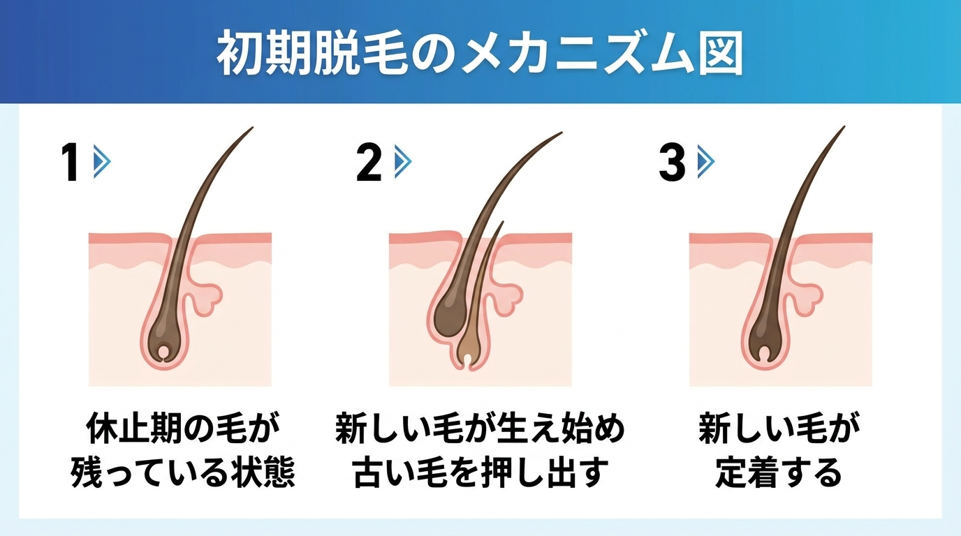 初期脱毛のメカニズム図。休止期の毛が新しい成長期の毛に押し出される過程を3コマで図示: 1.休止期の毛が残っている状態 2.新しい毛が生え始め古い毛を押し出す 3.新しい毛が定着する。各コマに簡単な説明を付与