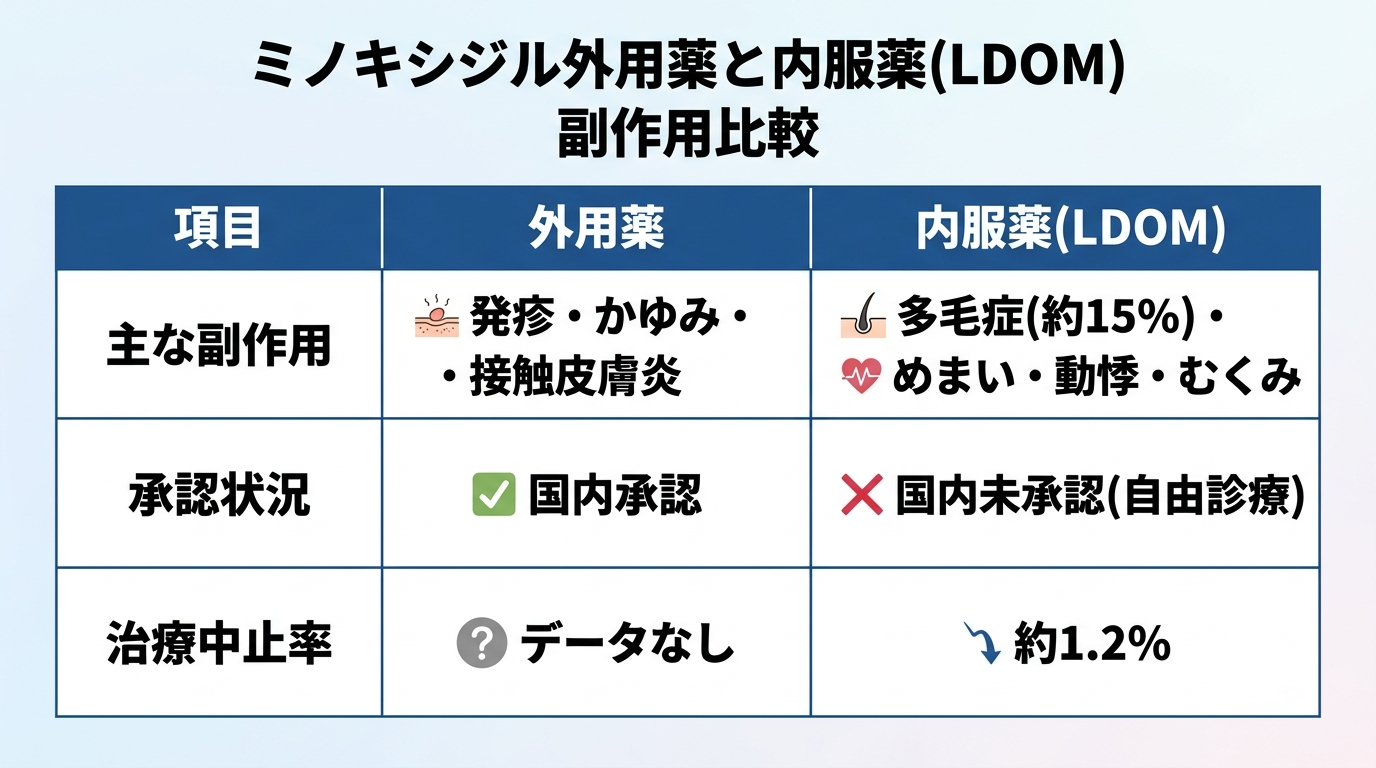ミノキシジル外用薬と内服薬(LDOM)の副作用比較表。2列の表: 項目 | 外用薬 | 内服薬(LDOM)。行1: 主な副作用 | 発疹・かゆみ・接触皮膚炎 | 多毛症(約15%)・めまい・動悸・むくみ。行2: 承認状況 | 国内承認 | 国内未承認(自由診療)。行3: 治療中止率 | データなし | 約1.2%