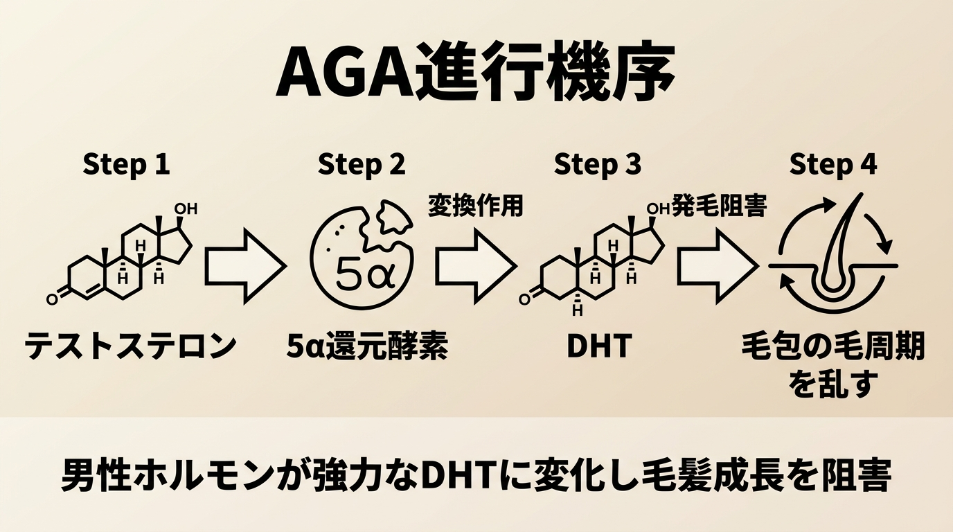 AGAの進行メカニズム図。テストステロン→(5α還元酵素)→DHT→毛包の毛周期を乱す、という4ステップのフロー図。矢印で工程を接続し、各ステップに簡潔なラベルを付与