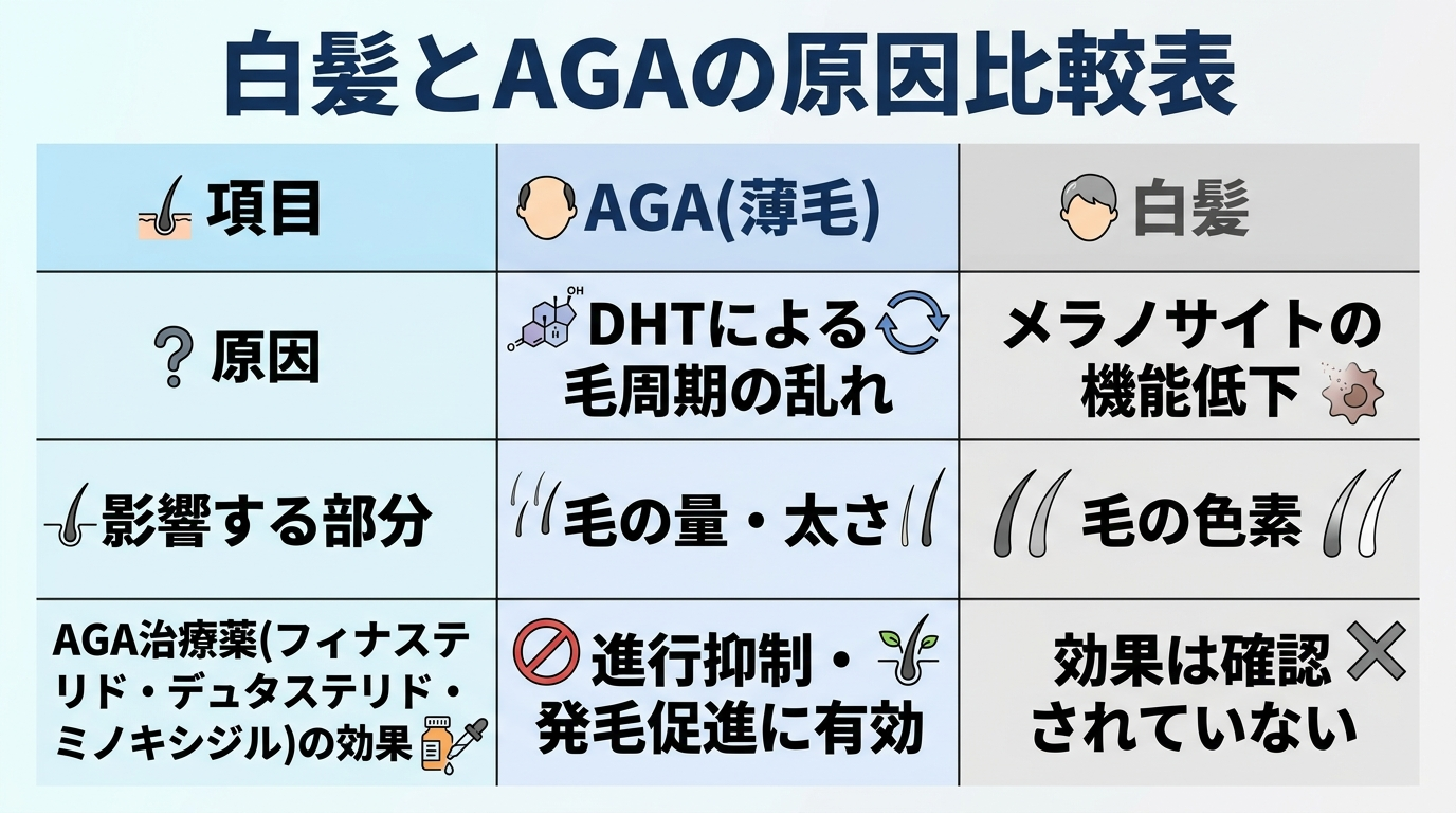 白髪とAGAの原因比較表。2列の表: 項目 | AGA(薄毛) | 白髪。行1: 原因 | DHTによる毛周期の乱れ | メラノサイトの機能低下。行2: 影響する部分 | 毛の量・太さ | 毛の色素。行3: AGA治療薬(フィナステリド・デュタステリド・ミノキシジル)の効果 | 進行抑制・発毛促進に有効 | 効果は確認されていない