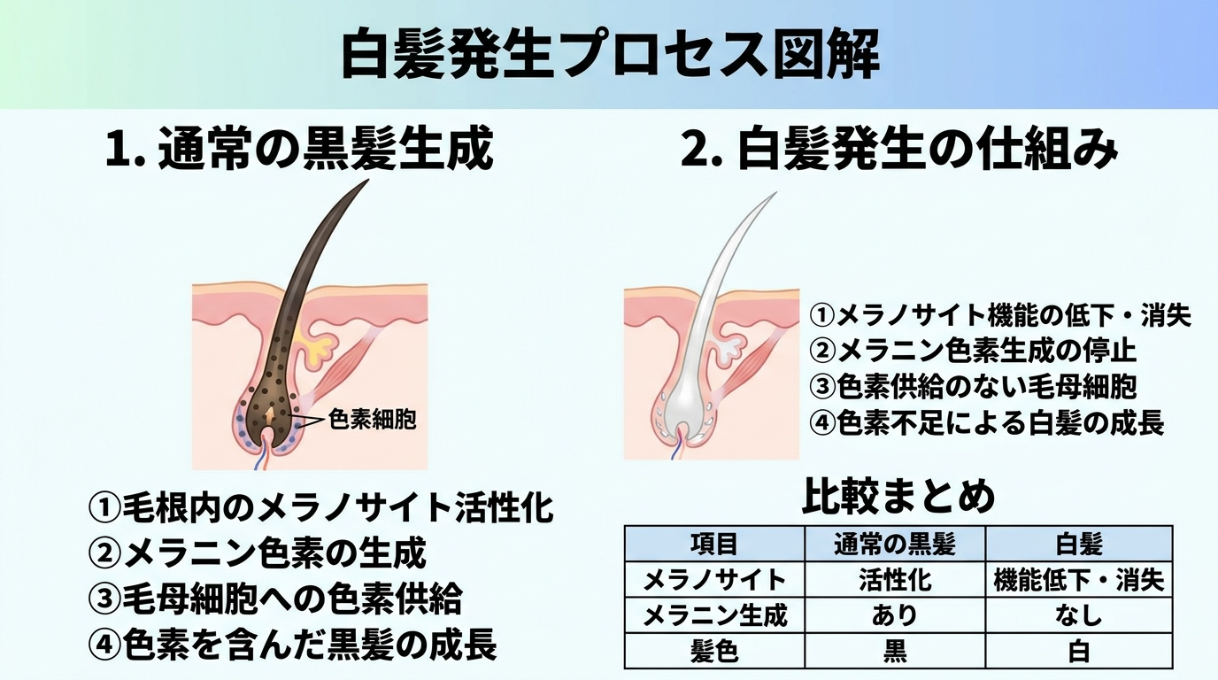 白髪発生プロセスの図解。毛根内のメラノサイトがメラニン色素を毛に送り込む通常の状態と、メラノサイトの機能低下により色素が作られず白い髪が生える状態を並べて図示