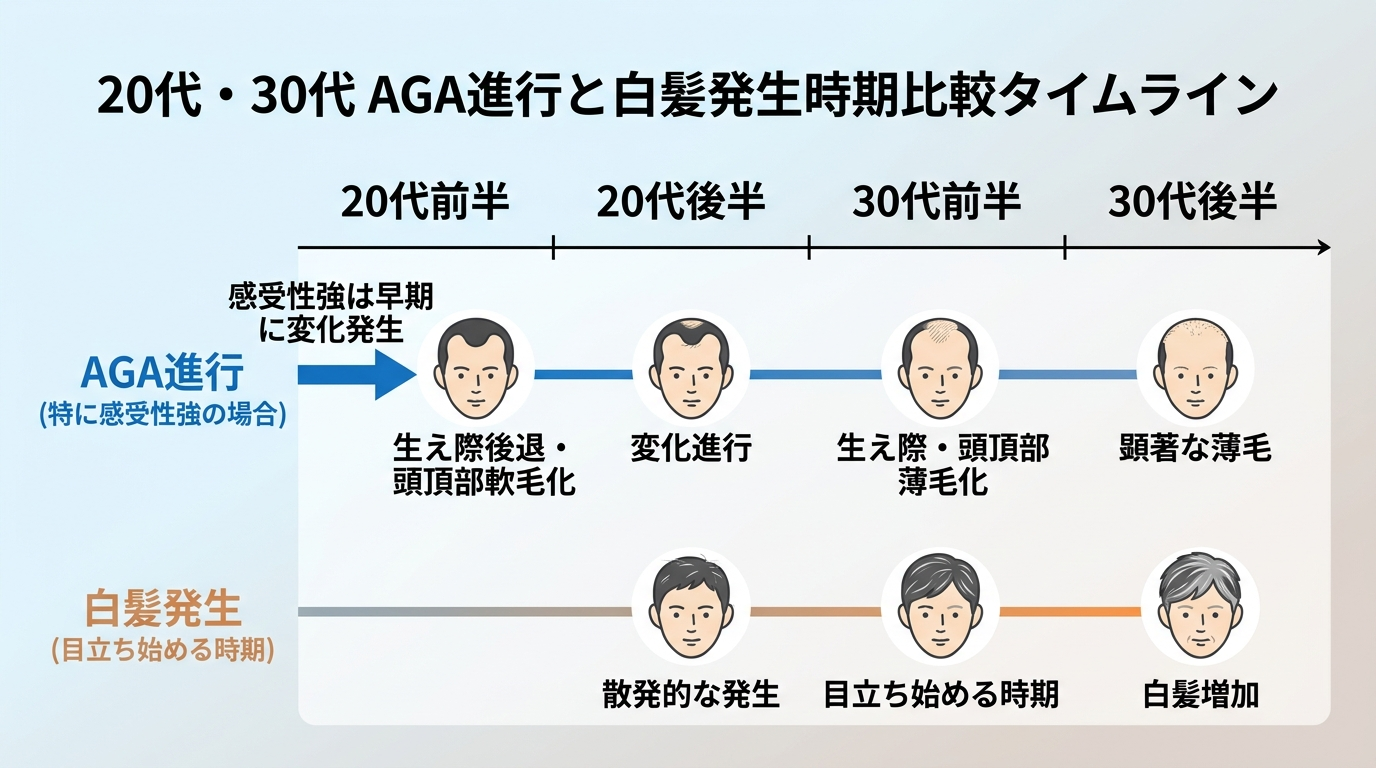 20代・30代のAGA進行と白髪の目立ち始める時期を比較する簡易タイムライン図。AGA感受性が強い場合は生え際・頭頂部の変化が先に現れることを矢印で示す
