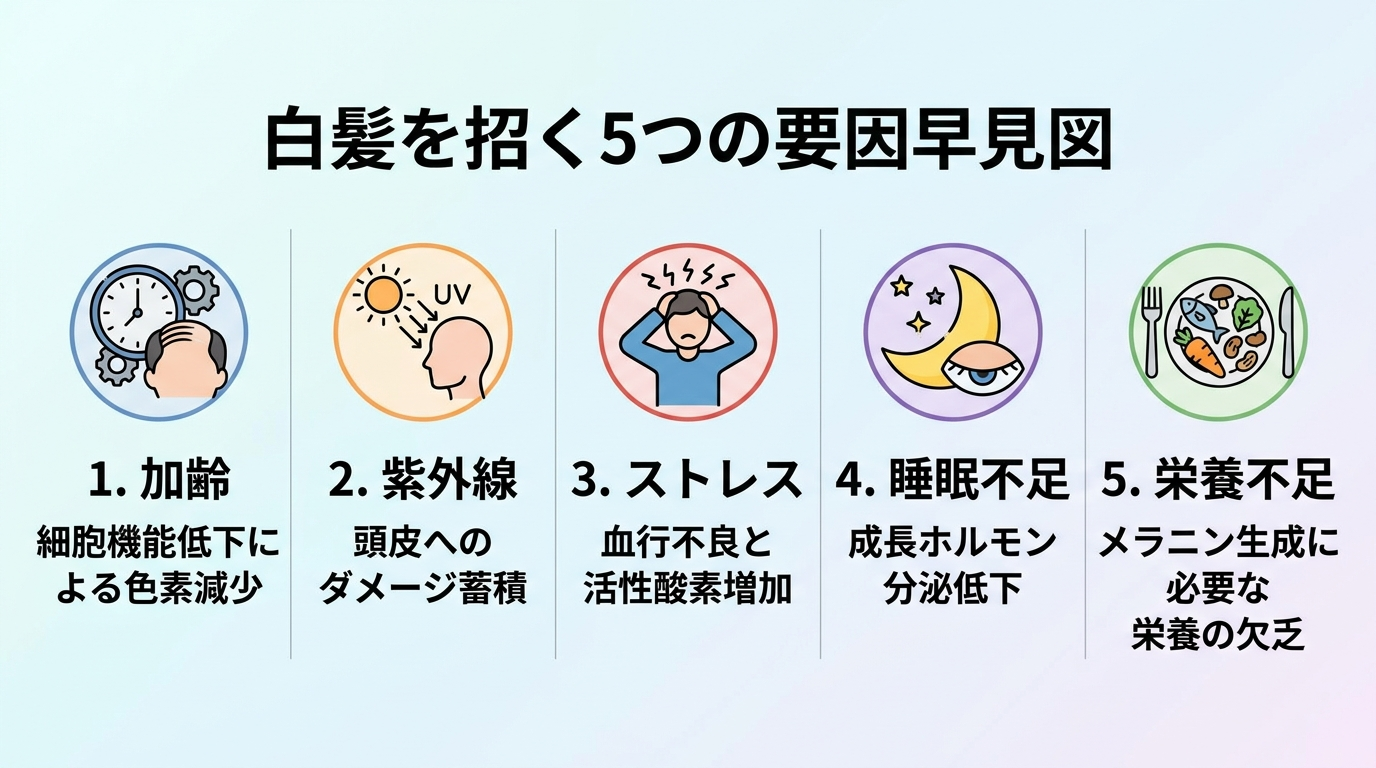 白髪を招く5つの要因の早見図。5つのアイコンを並べたインフォグラフィック: 1.加齢(時計アイコン) 2.紫外線(太陽アイコン) 3.ストレス(頭を抱える人アイコン) 4.睡眠不足(月アイコン) 5.栄養不足(食事アイコン)。各アイコンの下に要因名を表示