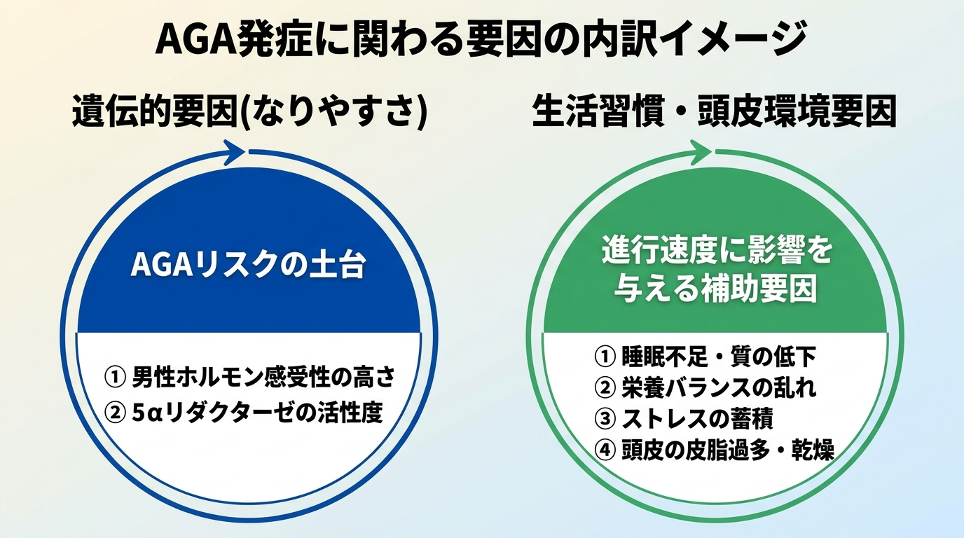タイトル: AGA発症に関わる要因の内訳イメージ。円グラフ風2要素: 「遺伝的要因(なりやすさ)」と「生活習慣・頭皮環境要因」を並べ、遺伝はリスクの土台、生活習慣は進行速度に影響を与える補助要因であることを示す