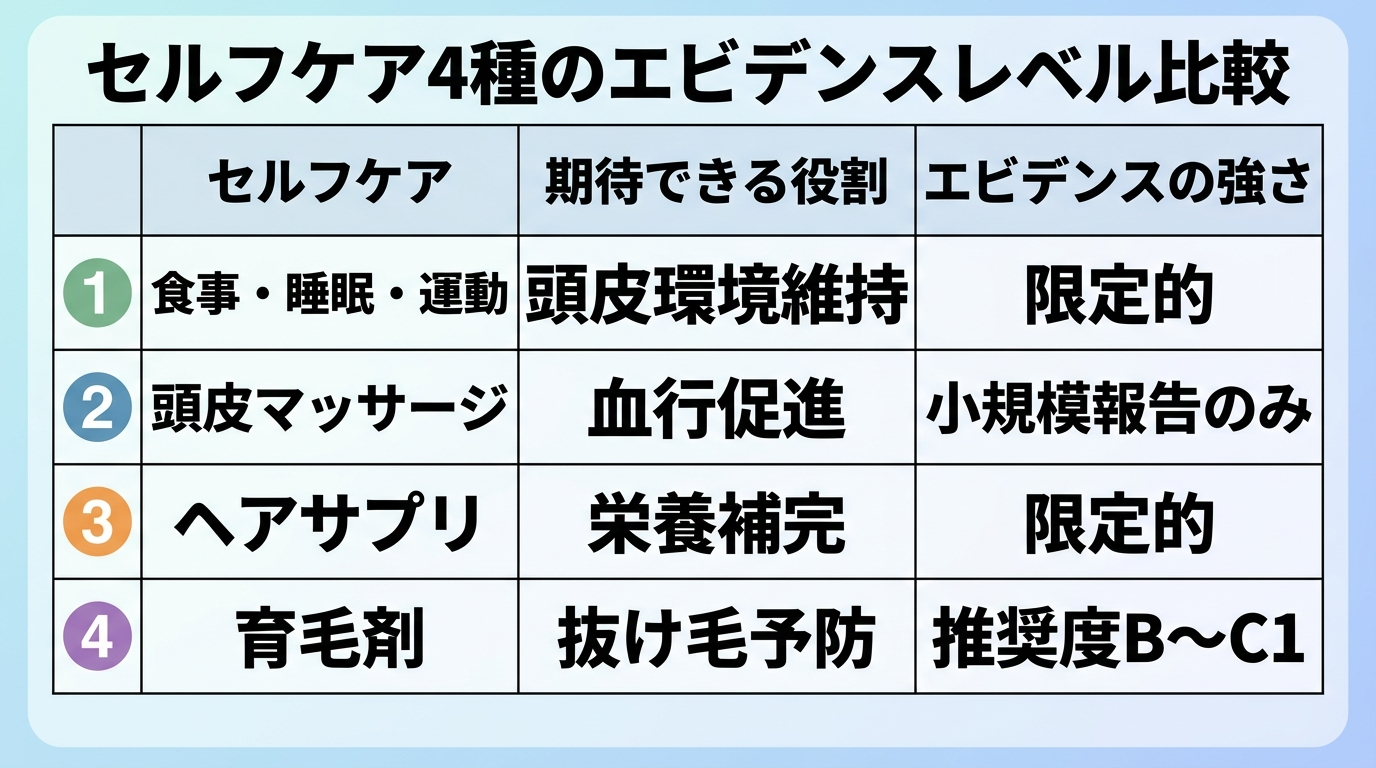 タイトル: セルフケア4種のエビデンスレベル比較。4列の表: ヘッダー行: セルフケア | 期待できる役割 | エビデンスの強さ。行1: 食事・睡眠・運動 | 頭皮環境維持 | 限定的。行2: 頭皮マッサージ | 血行促進 | 小規模報告のみ。行3: ヘアサプリ | 栄養補完 | 限定的。行4: 育毛剤 | 抜け毛予防 | 推奨度B〜C1