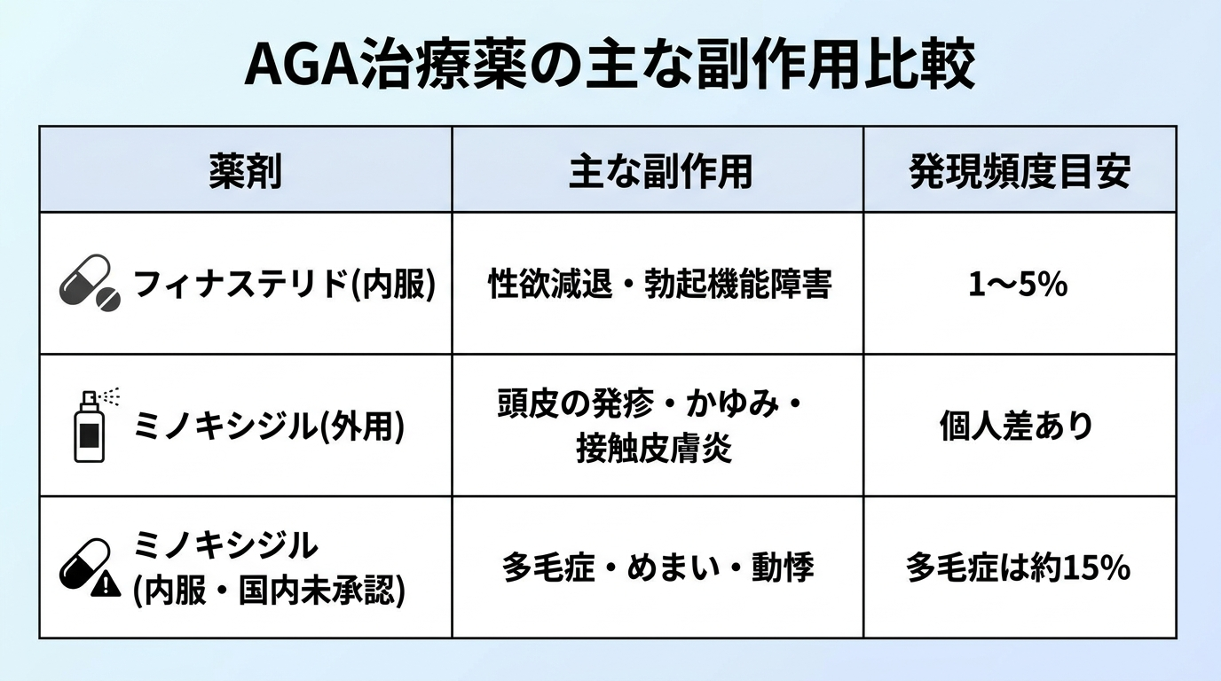 タイトル: AGA治療薬の主な副作用比較。3列の表: ヘッダー行: 薬剤 | 主な副作用 | 発現頻度目安。行1: フィナステリド(内服) | 性欲減退・勃起機能障害 | 1〜5%。行2: ミノキシジル(外用) | 頭皮の発疹・かゆみ・接触皮膚炎 | 個人差あり。行3: ミノキシジル(内服・国内未承認) | 多毛症・めまい・動悸 | 多毛症は約15%