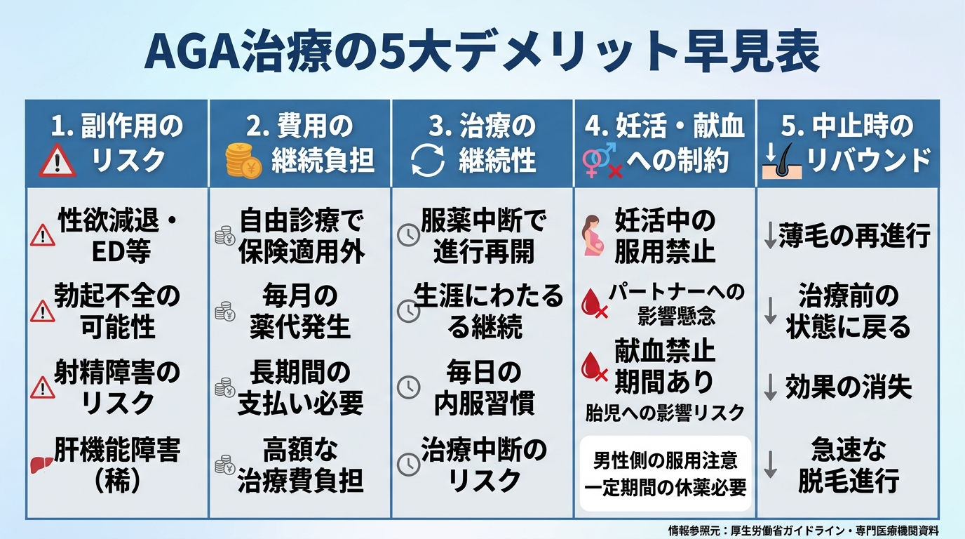 タイトル: AGA治療の5大デメリット早見表。5項目のリスト形式: 1.副作用のリスク(性欲減退・ED等) 2.費用の継続負担(自由診療で保険適用外) 3.治療の継続性(服薬中断で進行再開) 4.妊活・献血への制約 5.中止時のリバウンド(薄毛の再進行)