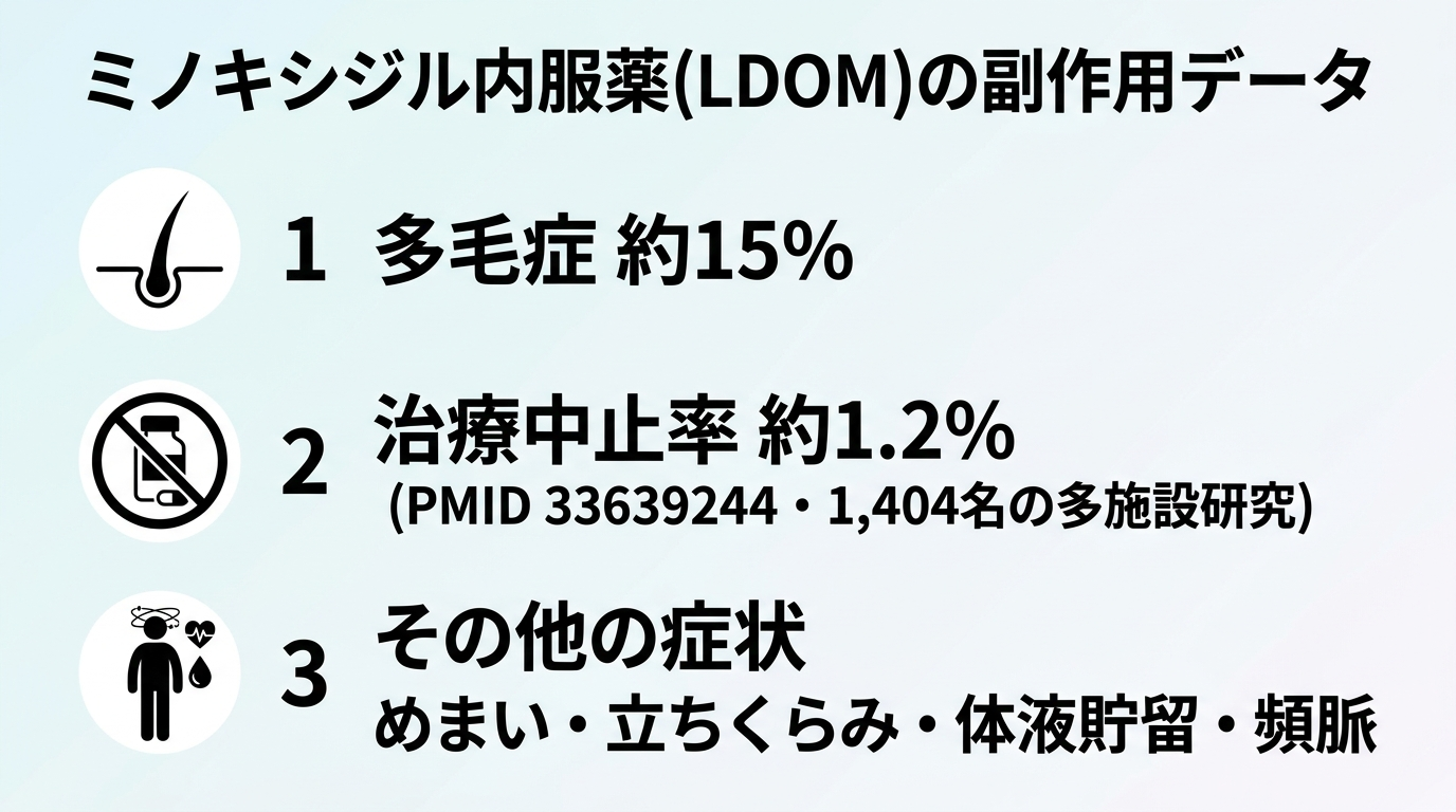 タイトル: ミノキシジル内服薬(LDOM)の副作用データ。3項目のリスト: 多毛症 約15%、治療中止率 約1.2%(PMID 33639244・1,404名の多施設研究)、その他の症状 めまい・立ちくらみ・体液貯留・頻脈