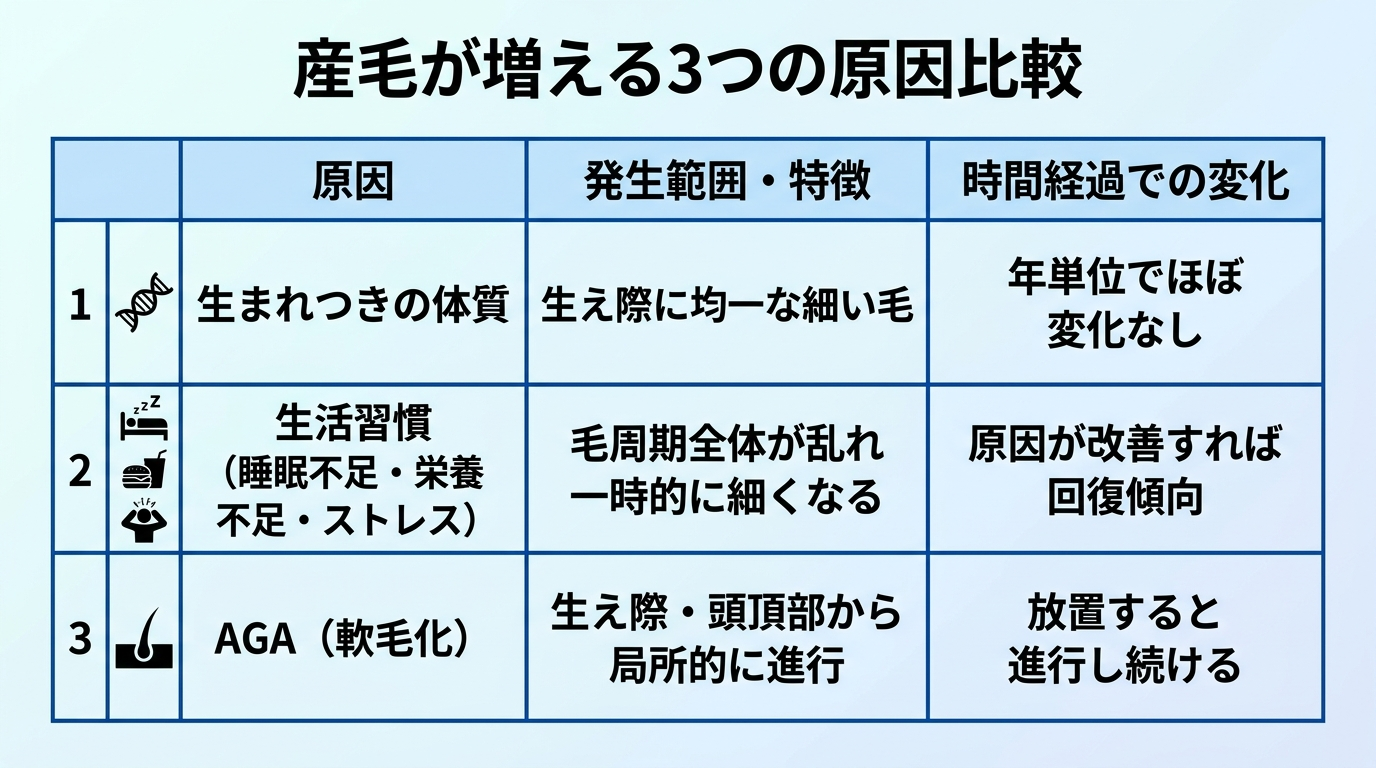 タイトル: 産毛が増える3つの原因比較。3列の表: ヘッダー行: 原因 | 発生範囲・特徴 | 時間経過での変化。行1: 生まれつきの体質 | 生え際に均一な細い毛 | 年単位でほぼ変化なし。行2: 生活習慣(睡眠不足・栄養不足・ストレス) | 毛周期全体が乱れ一時的に細くなる | 原因が改善すれば回復傾向。行3: AGA(軟毛化) | 生え際・頭頂部から局所的に進行 | 放置すると進行し続ける。